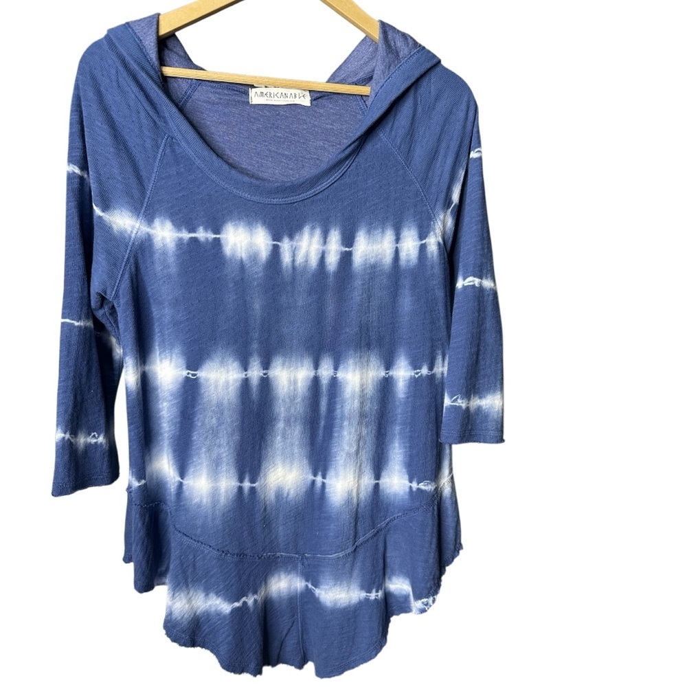 Amerikanable | Blue Tie Dye Hooded Top | 3/4 Sleeve | Raw Hem | Size S